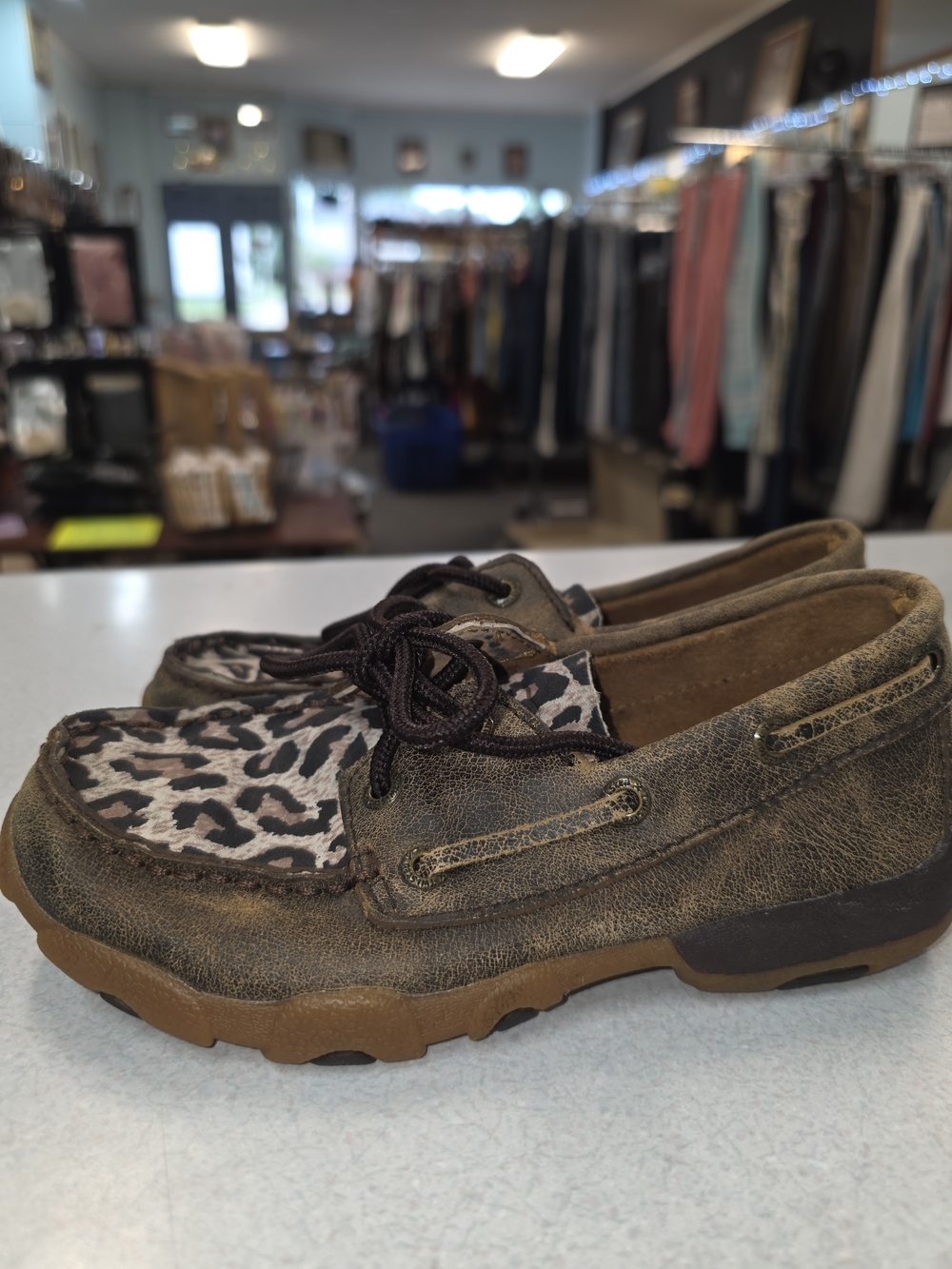 Kids Twisted X Brown Leopard-Accent Boat Shoes